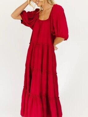 Zoco Size L Oversized Red Tiered Maxi Dress - Fits Sizes M To Xxl Vanity Sizing